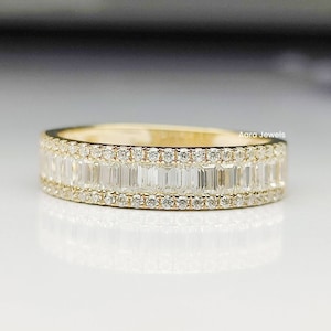 Moissanite Baguette Wedding Band, Channel Set Eternity Ring, Anniversary Rings For Women, Stackable Rings, Triple Row Wide Band, 925 Silver.