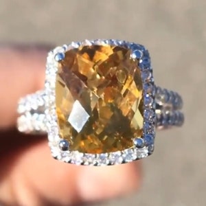Canary Yellow Elongated Cushion Halo Moissanite Engagement Ring With Half Eternity Band, 14K White Gold Cushion Cut Solitaire Wedding Ring.