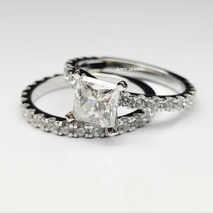 2.50CT プリンセス カット ブライダル リング セット、14K ソリッド ホワイト ゴールド プリンセス カット エンゲージリング、3/4 エタニティ バンドとマッチング バンド付き、結婚祝い。