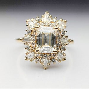 Sun Burst Halo 2.00CT Emerald Cut Moissanite Engagement Ring, 14k Solid Gold Emerald Cluster Wedding Ring With baguette & Round Cut Stones.