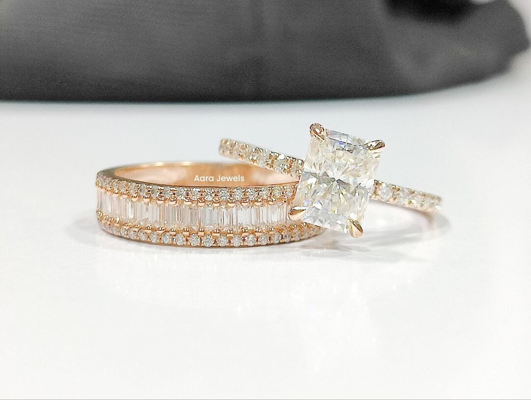 Radiant Cut Moissanite Engagement Ring Set/full Eternity Band/ Baguette ...