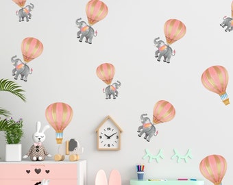 Elephant Hot Air balloon Wall stickers, Hand illustrated and watercolored to Vinyl Wall stickers, Wall decal, peel and stick