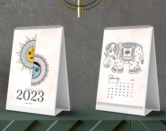 2023 Desk Calendar , A5 Spiral Bound Monthly Calendar, Hand drawn Madhubani Folk Art Theme, Portrait Mandala Calendar, New year Gift,
