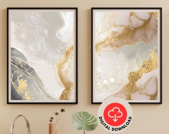 Marble Wall poster, Abstract Beige, gold, grey and white marble alcohol ink drawing effect, Print Wall Art, Living Room Wall Decor, Set of 2