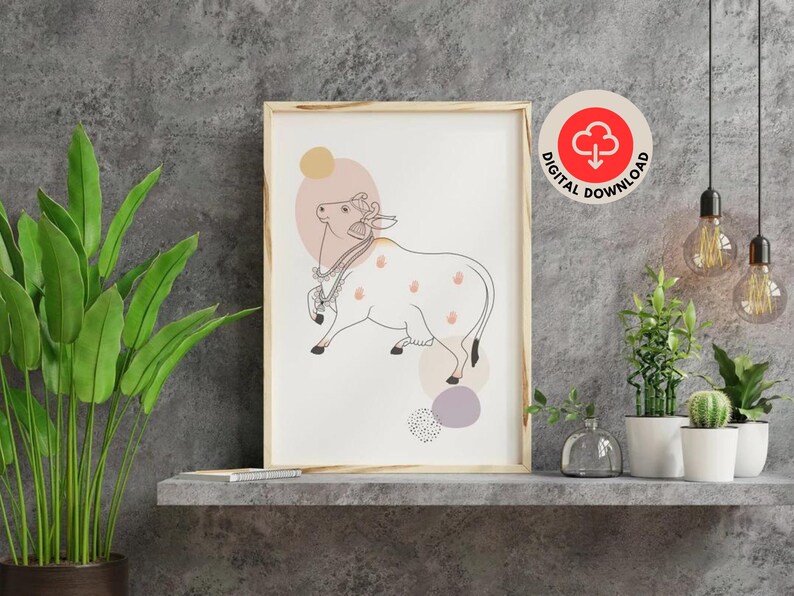 Cow Digital poster, Printable Digital Download, Pichwai drawing, Line Art Print, Instant Download image 1