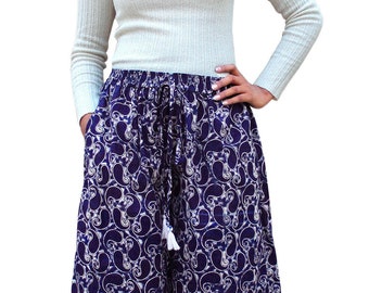 Indigo & white Palazzo Pants, Pure Cotton, Paisley Batik Print Trouser, Bell Bottom, Casual, Elastic Waist, Comfortable