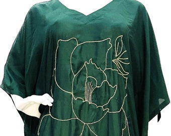 Emerald Green Floral Kaftan, Knee length Kaftan, Rose design, Handmade, Wrinkle free fabric, beachwear, maternity wear, free size