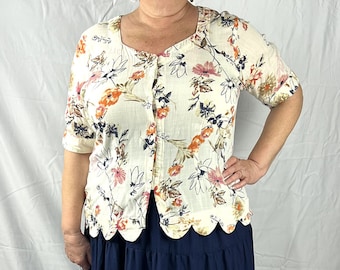 Plus Size Top, Summer Floral Blouse/Top for Women, Off White Rayon Top, Front Button Rayon slub, Floral Print
