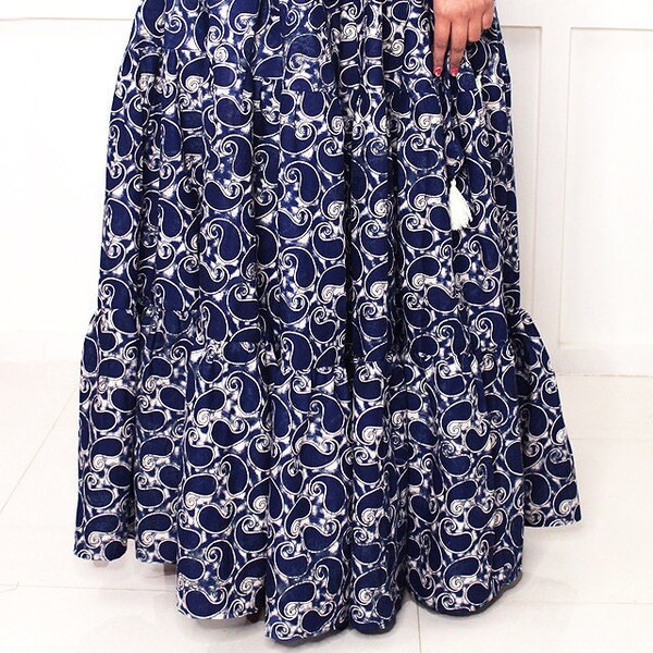 Indigo Pure Cotton Long Skirt, White Paisley Print, With Pockets, Ankle Length,  Elastic Waist, Comfortable wear