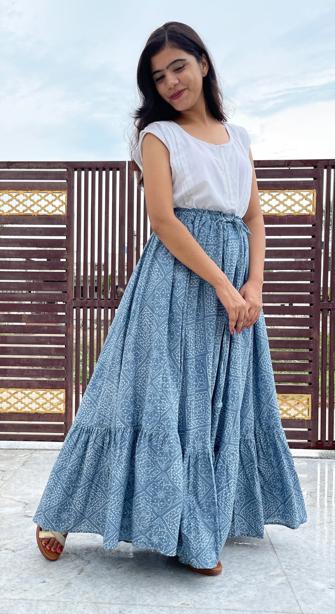Girl Panelled Bandhani Skirt Set-Mustard Yellow