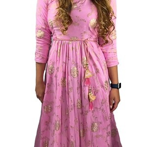 Pure Dola Silk Long Floor Length Printed With Foilwork Readymade Gown main image 0
