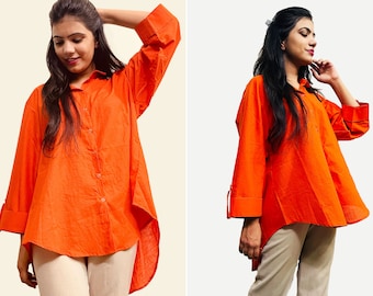 Orange Top- Button down Shirt- Orange shirt for women, girls-  Pure Cotton Voile Top- Classic design shirt, Vintage Style