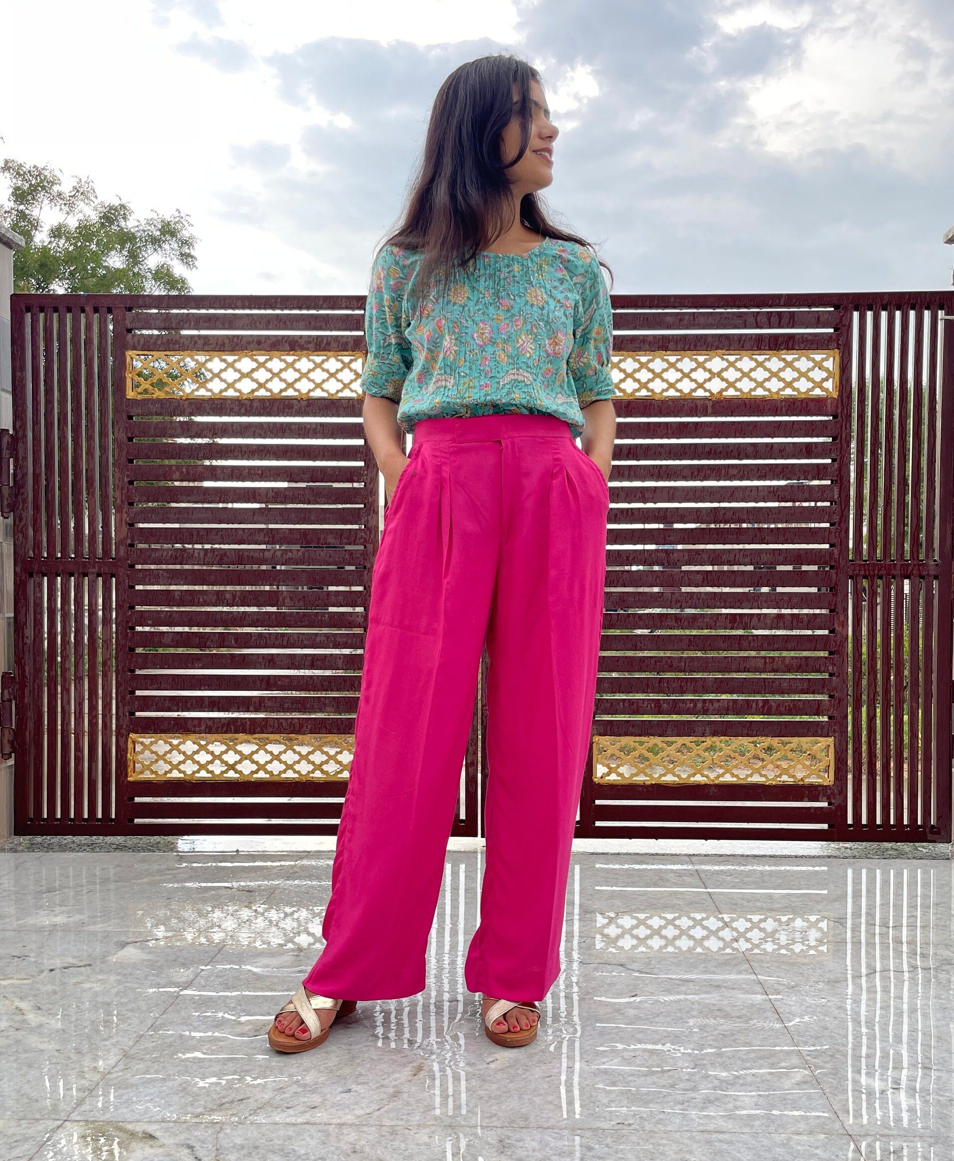 Jucca Neon Pink High Waist Straight Wide Leg Trouser Pants main image 1