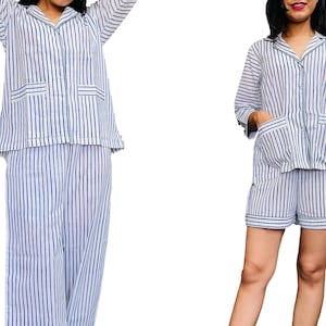 Night Pajama Set, 100% Cotton Light Ultra-Soft Night Dress Women Cotton Pants Shirt Set With Shorts Set, Handmade Night Suit