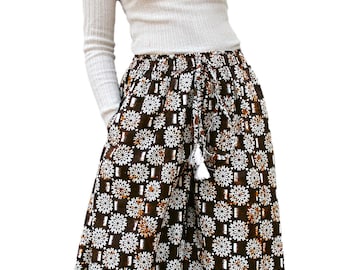 Palazzo Pants Brown And White, Pure Cotton, Floral Batik Print Trouser, Bell Bottom, Casual, Elastic Waist, Comfortable