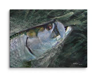 Tarpon and Mullet Run Painting, 30"X40" Gallery Wrap Canvas Print, Coastal Fishing Art