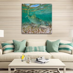 37&quot;x37&quot; Big Bone Fish on the Flats&quot; Painting, Huge Bonefish Canvas Print, Over-sized Gallery Wrapped Canvas , Fish Art