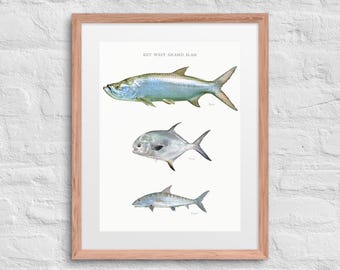 Key West Grand Slam Print: Tarpon, Permit, Bonefish. Framed & matted.
