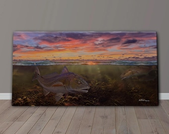 Redfish At Sunset Painting, Redfish Canvas Print, Gallery Wrapped Canvas , Fish Art, Florida Fishing