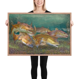 36&quot; x 24&quot; Framed Redfish School Print, Framed Redfish Giclee Paper Print, Fish Art, Florida Fishing Painting