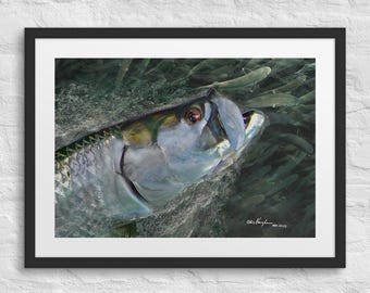 Tarpon and Mullet Painting, 24"x18" Framed & Matted Giclee Print, Coastal Art