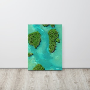 Può includere: Vista aerea di un corpo d'acqua blu turchese con diverse piccole isole tropicali verdi. L'acqua è limpida e poco profonda, rivelando il fondo sabbioso bianco.