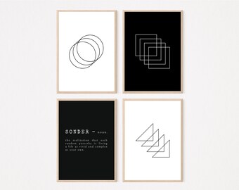 Black and White Gallery Wall Set of 4, Geometric Wall Art, Quote Wall Art