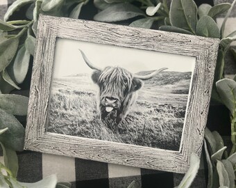 Highland cow, farmhouse style picture. Distressed frame