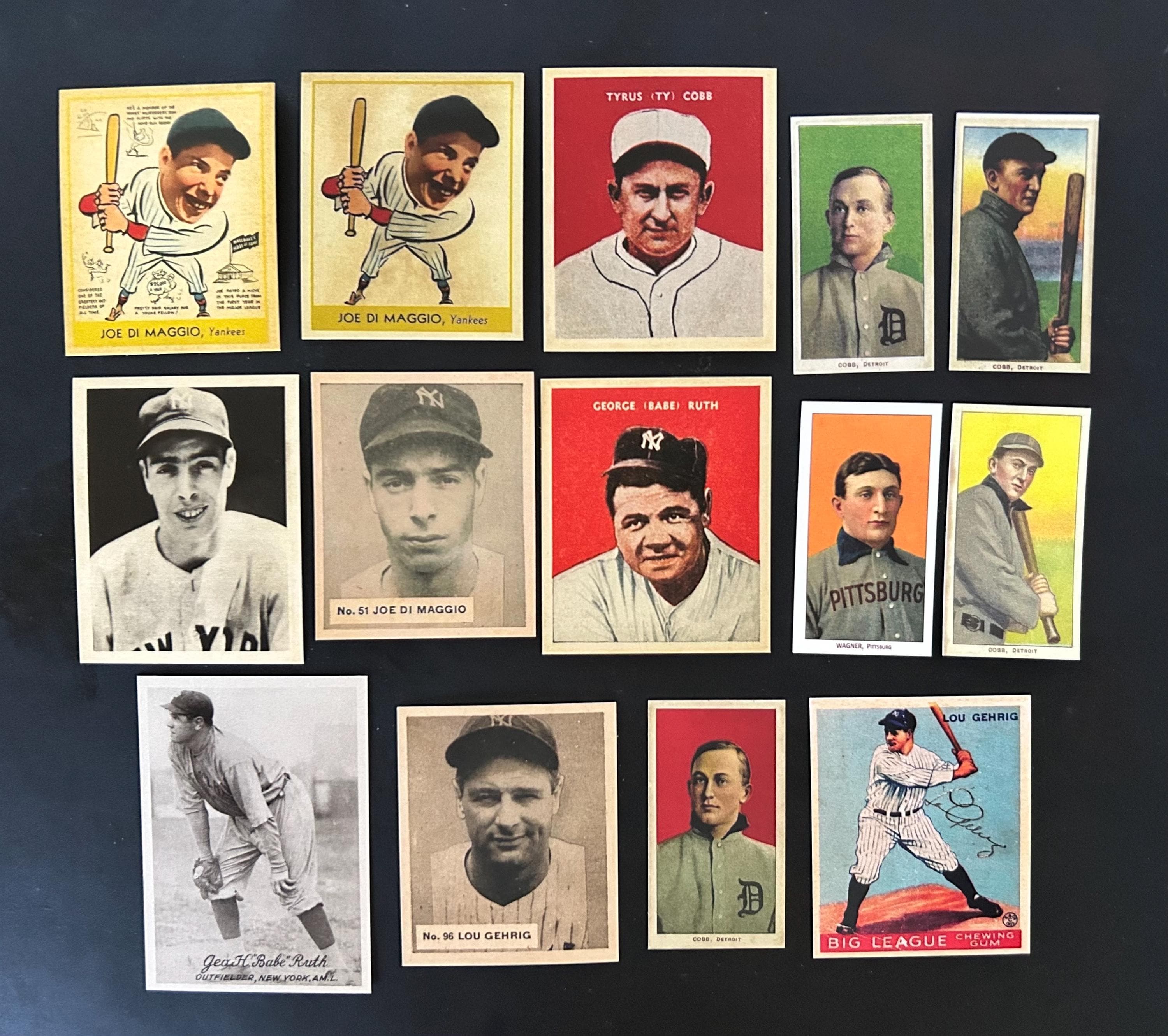 Ty Cobb Babe Ruth Jackie Robinson Lou Gehrig Joe DiMaggio Satchel Paige Honus Wagner 14 Card Novelty Reprints Lot