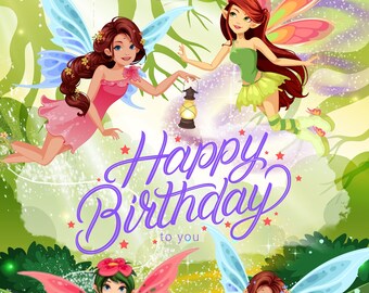 Fairies Magic Happy Birthday Note Card - Card for Little Girl or Boy, Sister, Daughter, Friend - Fairy Birthday or Party Invitation