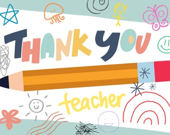 Teacher Appreciation Note Card - Thank You Teacher Student Doodle Single Card or Set of 5 Teacher Gift