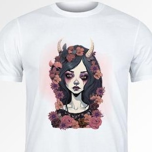 Gothic Demon Girl Downloadble Art | Dark Fantasy Horned Princess Print | Gothic Floral Portrait | Digital Download Creepy Cute Artwork