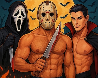 Kolorowanka „Seksowni przystojniacy na Halloween” | Kolorowanki dla dorosłych (do pobrania w wersji cyfrowej)