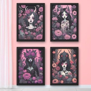Gothic Dark Floral Girl Art Print Set, Mystical Fantasy Horned Woman Illustrations, Cute Witchy Digital Download