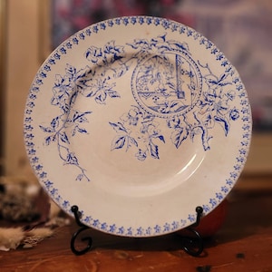 19th' 4 rare antique French ironstone dinner blue plates from Saint Amand - 4 French ironstone blue plates Saint Amand