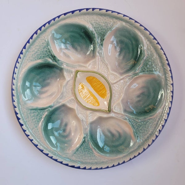 1930 Exceptional Oysters Plaque assiette à huîtres St Clément Trompe L'Oeil Saint Clément Jaune Lemon Wedge Center