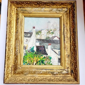 Magnificent antique painting view of Paris on Montmartre in gilded molded wood frame signed