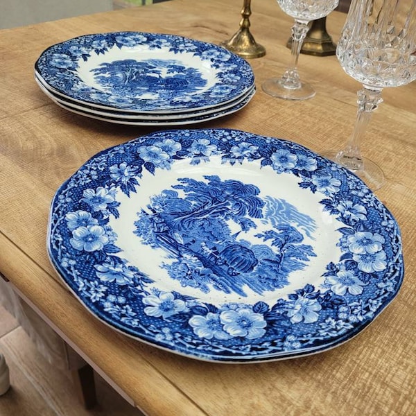 Antique assiette vintage bleu Woodland england en parfait état CREUSE ou PLATE