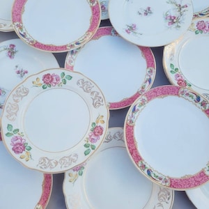Set of 4&#39;s dessert plates in vintage porcelain earthenware in white and pink tones.pattern small flowers. Bird of Paradise