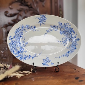 19th&#39; Rare French ironstone blue Transferware Oval Platter di Choisy le roi, piatto da portata francese antico grande