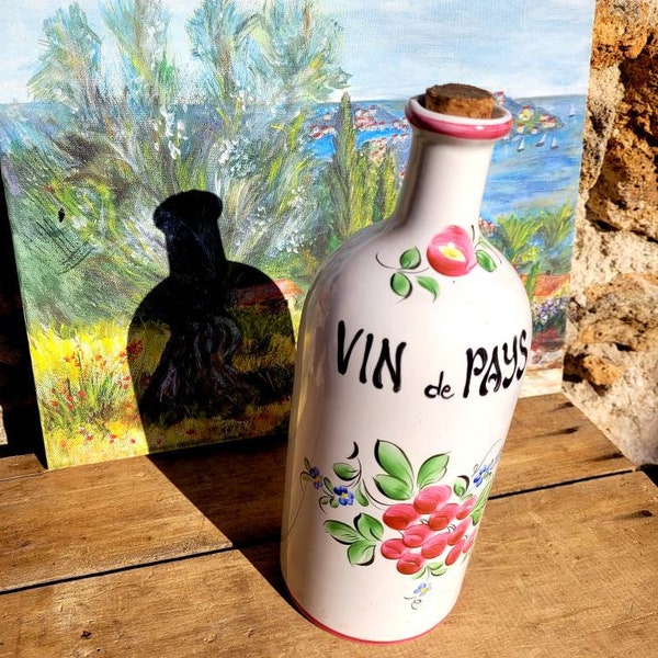 Originale bouteille à vin en faïence vintage peinte à la main