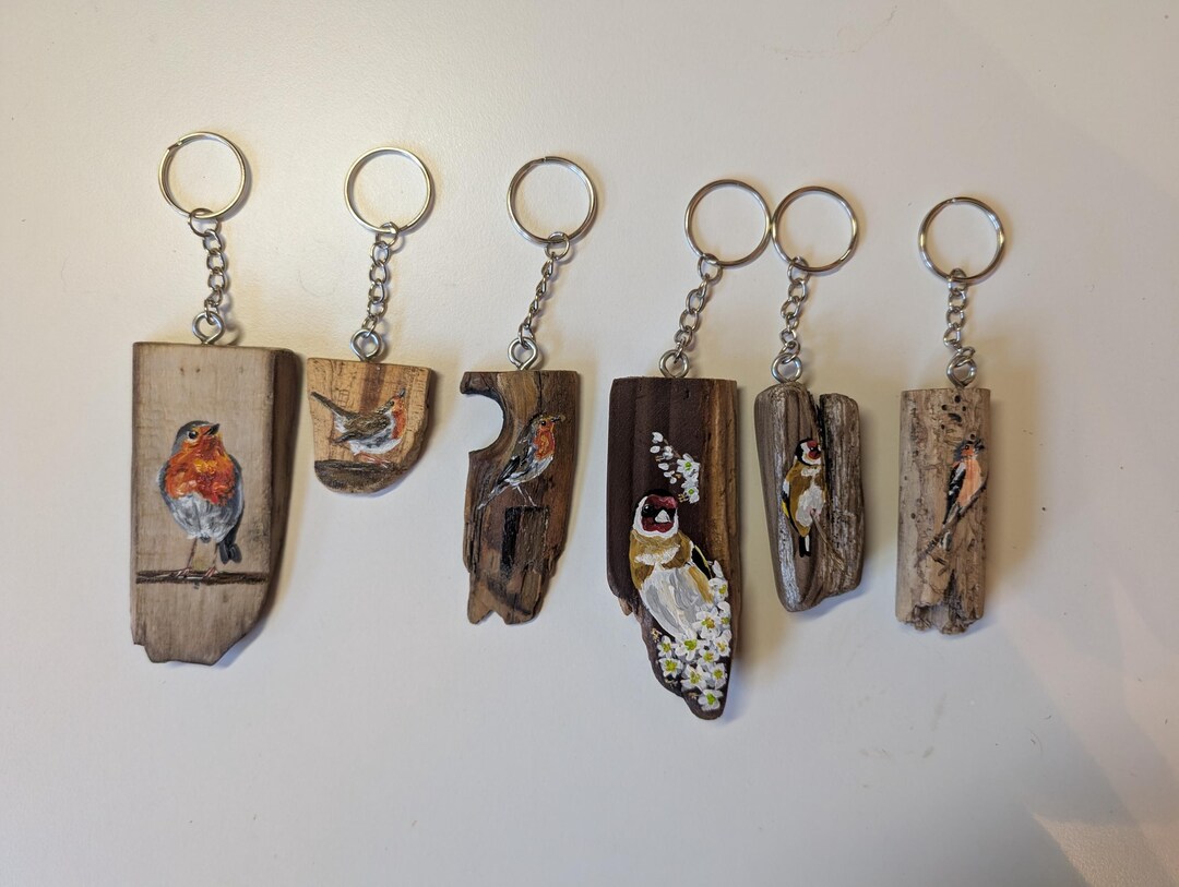 Garden Birds, Hand Painted Driftwood Keyrings, Wood Keyring, Handmade ...