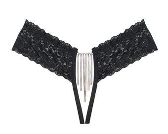 Kette Dessous, ouvert Dessous, Höschen mit offenem Schritt, Schwarzes Spitzen Höschen, Sexy Spitzen String, Strappy Dessous, offenes Spitzen Höschen