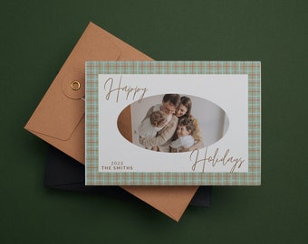 Plaid Christmas Holiday Photo Card Template, Canva Card, Christmas Card, Editable