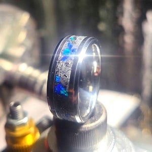 Cosmic, Tungsten wedding ring, Titanium band, Egyptian Blue opal unique ring, Meteorite shavings.
