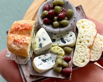 Miniature doll set in Italian style, cheese, bread, olives for playing in a dollhouse, scale 1:12, polymer plastic