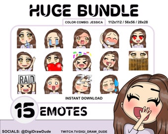twitch emote pack ( JESSICA : cheveux bruns .or brown eyes ) stream emotes . emoticônes personnalisées . chibi emotes . Twitch Emotes Girl
