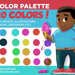 May include: Illustration of a cartoon character holding a melting ice cream cone, with a color palette of 20 colors. Text reads "COLOR PALETTE 20 COLORS! FOR ARTISTS, ILLUSTRATORS, GRAPHIC DESIGNERS ETC!" and includes a website address.