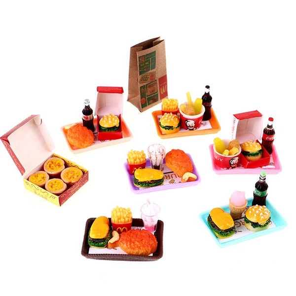 Miniature Burger Fries Tray Full House Bucket Scene for Barbie