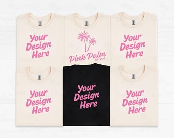 Maqueta de camiseta Gildan 5000, vista frontal y trasera, camisetas en color natural y negro (descarga digital)